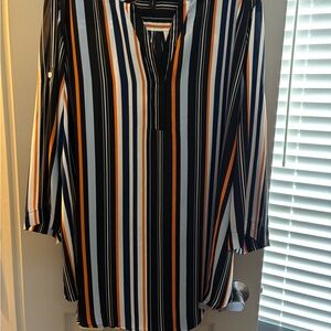 Elegant Striped Blouse - Black, White, Orange, Blue